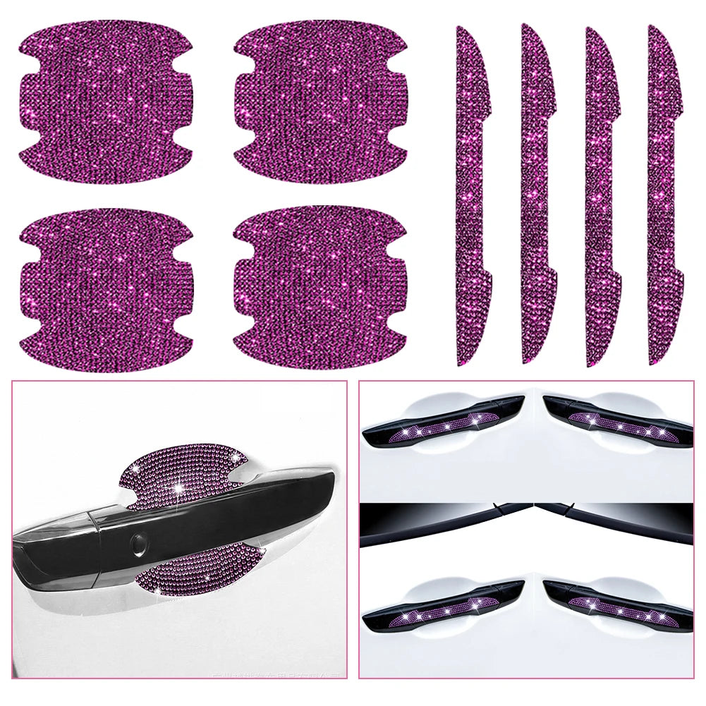 8PCS Universal Car Door Handle Sticker Decal Warning Diamond Auto Strip Driving Safety Bling Car Accessories for Girls Wholesale